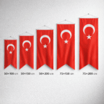 Kırlangıç Türk bayrağı ölçü seçenekleri karşılaştırma görseli 50x100 50x150 50x200 75x150 75x200 cm saten kumaş bayrak modelleri