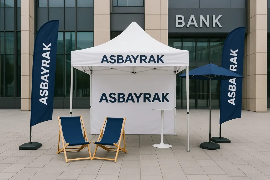sbayrak olarak Akbank, Albaraka Türk, Denizbank, Garanti, İş Bankası, Şekerbank ve Halkbank başta olmak üzere bankacılık sektörüne; bayrak, bayrak direği, gazebo çadır, dış mekan şemsiyesi ve promosyon kamp sandalyesi üretimi sunuyoruz.