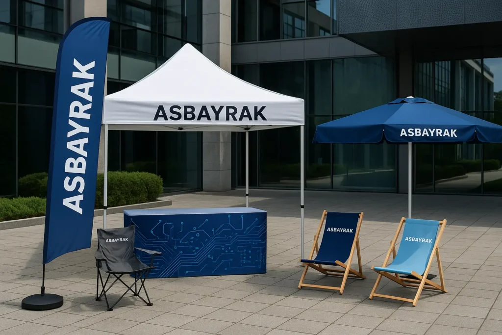 yüksek görünürlüklü bayrak çözümleri, tam baskılı gazebo çadırlar, profil uyumlu bahçe/etkinlik şemsiyeleri ve markalı ahşap şezlong / kamp sandalyesi üretimleri yapıyoruz.