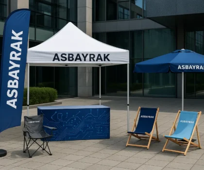 yüksek görünürlüklü bayrak çözümleri, tam baskılı gazebo çadırlar, profil uyumlu bahçe/etkinlik şemsiyeleri ve markalı ahşap şezlong / kamp sandalyesi üretimleri yapıyoruz.